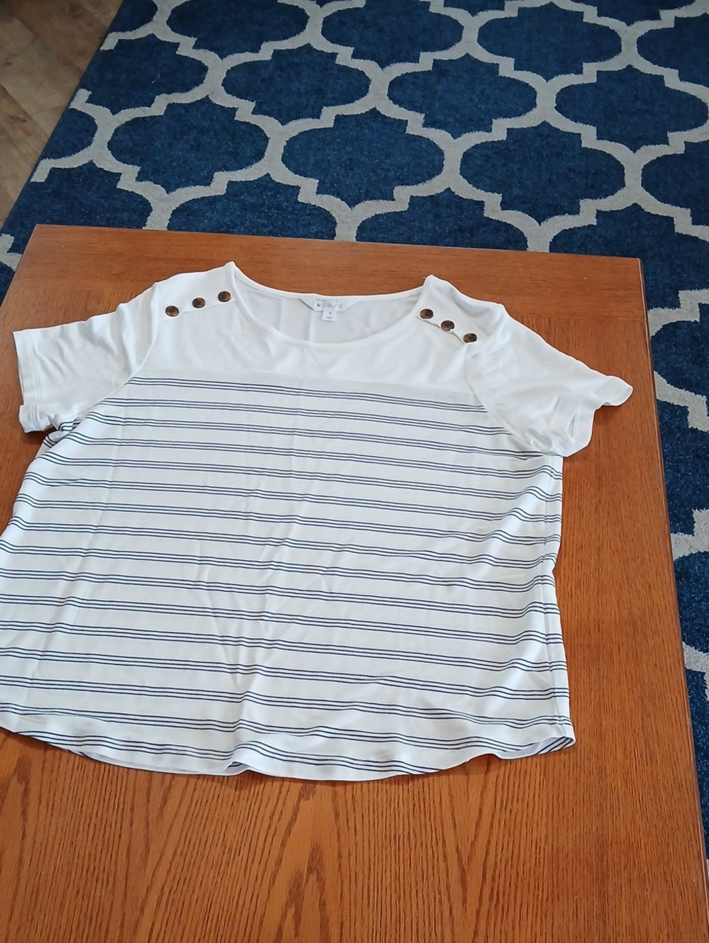 Market & Spruce White Short Sleeve Top with Navy Stripe and Button Accents